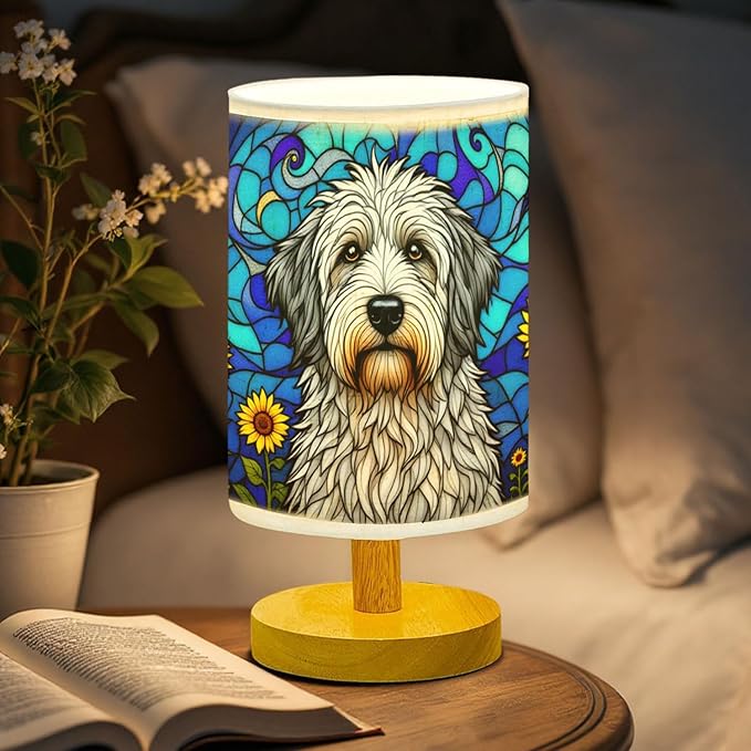 Old English Sheepdog Table Lamp LED 3-Color Pressed Bedside, Dog Shade Lamp with Wood Base for Bedroom Living Room Desk Office - Bloomnest