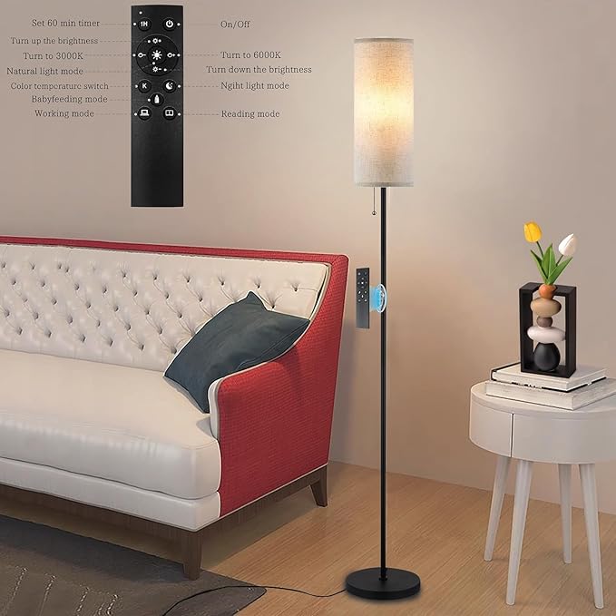Floor Lamp for Living Room, Modern Standing Lamps with Lampshade, Minimalist Tall Lamp with Chain Switch for Living Room, LED Bulb Included (Beige Shade-Remote Bulb) - Bloomnest