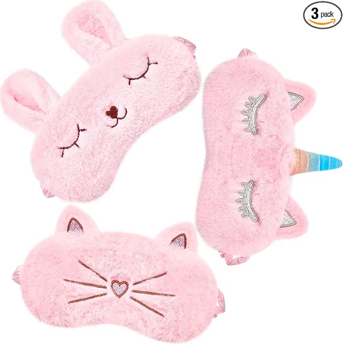3 Pieces Sleep Mask for Kids, Girls Plush Sleeping Eye Cover Soft Eye Blindfold Cover Animal Shade for Kids(Pink,Bunny, Cat and Unicorn Style) - Bloomnest
