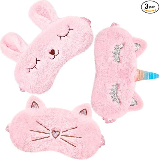 3 Pieces Sleep Mask for Kids, Girls Plush Sleeping Eye Cover Soft Eye Blindfold Cover Animal Shade for Kids(Pink,Bunny, Cat and Unicorn Style) - Bloomnest