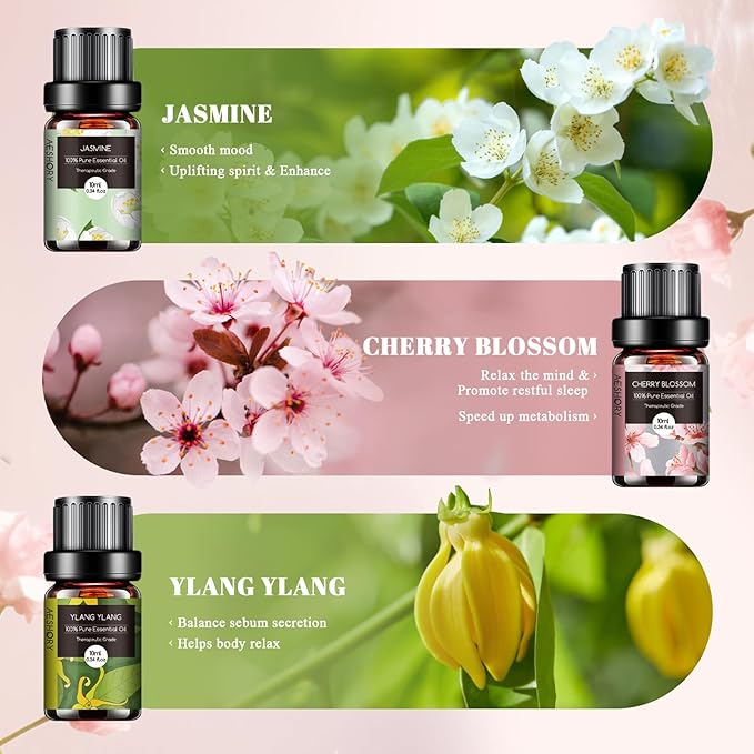 Floral Essential Oils Set - 6x10ML Fragrance Oil for Diffusers, Massage, Aromatherapy, Candle Making - Lavender, Rose, White Tea, Jasmine, Ylang-Ylang, Cherry Blossom Scented Oil - Bloomnest