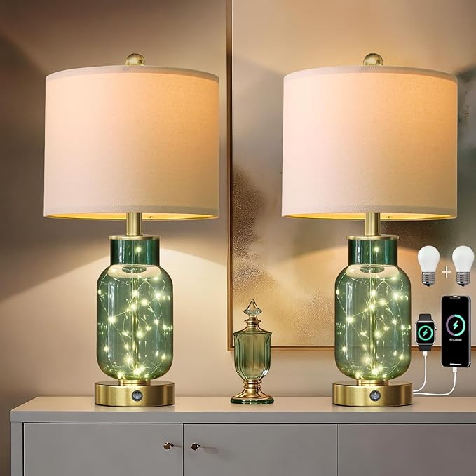 Oneach 22" Glass Table Lamps Set of 2, Green Modern Bedside Lamp with LED Night Light for Living Room, Nightstand Lamp with USB Ports for Bedrooms, Study Room, End Table(2 Bulbs Included) - Bloomnest