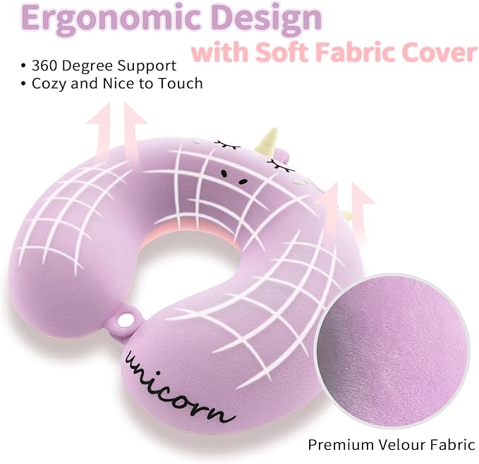 Neck Travel Pillow for Kids, Unicorn Airplane Memory Foam Pillow with Cute Sleep Mask & Earplugs, Lightweight Travelling Sleeping Pillow Set for Car, Train, Bus and Home Use (Purple) - Bloomnest