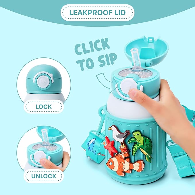 Kids Insulated Tumbler Set – 16oz Stainless Steel Water Bottle with Straw & Pour Lids, Screw-On Cup, Adjustable Strap, Silicone Sleeve & Charms – Leakproof BPA-Free Bottle for Boys & Girls - Bloomnest