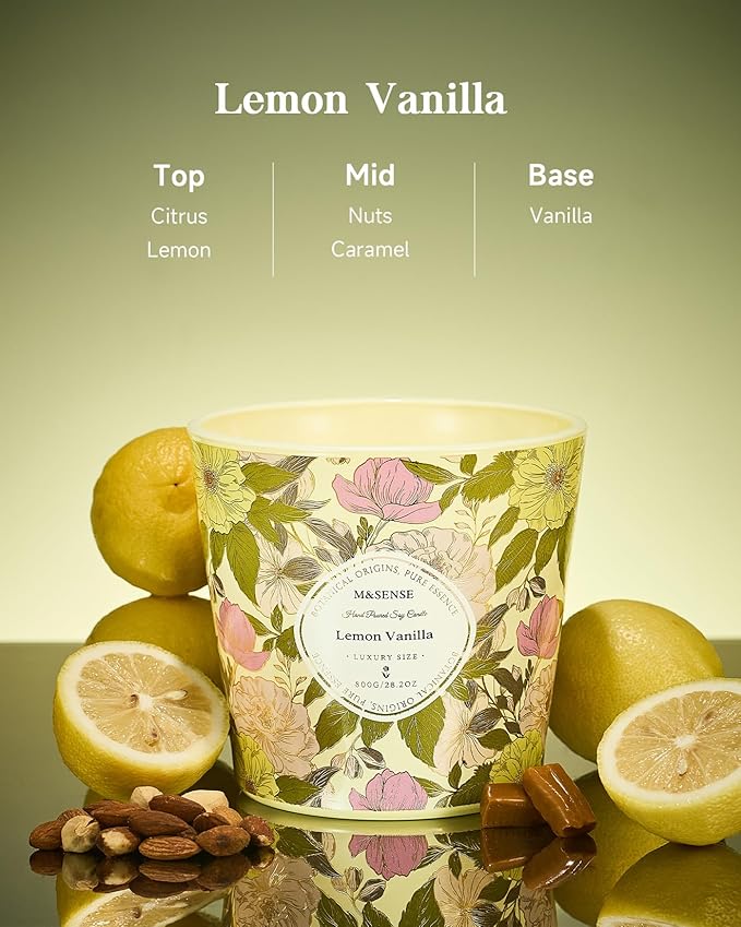 M&SENSE Lemon Vanilla Scented Candle, 28.2oz 3 Wick Natural Soy Wax Large Candles, Long Lasting Clean Slow Burning No Toxic Décor for Home Relaxation, Romantic Dates & Gift-Giving - Bloomnest