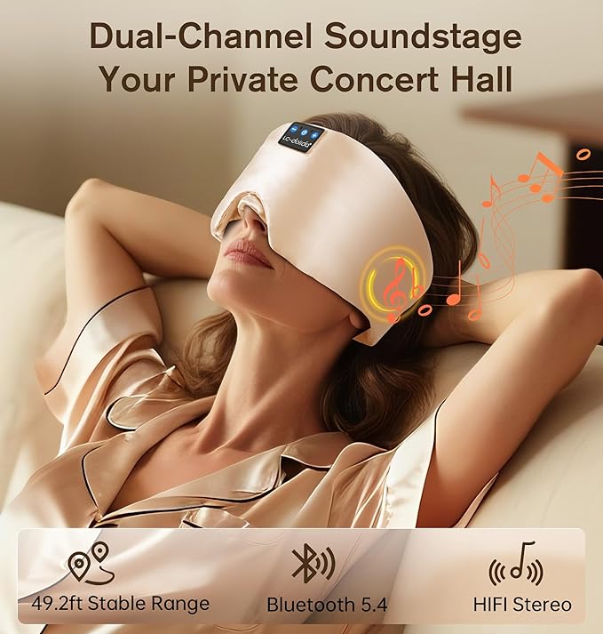 LC-dolida Luxurious Silk Soft Sleep Mask, Sleep Headphones with Bluetooth 5.4 for Side Sleeper, Total Blackout Eye Sleeping Mask for Women and Men, Ideal Gift for Restful Sleep, Travel(Champagne) - Bloomnest