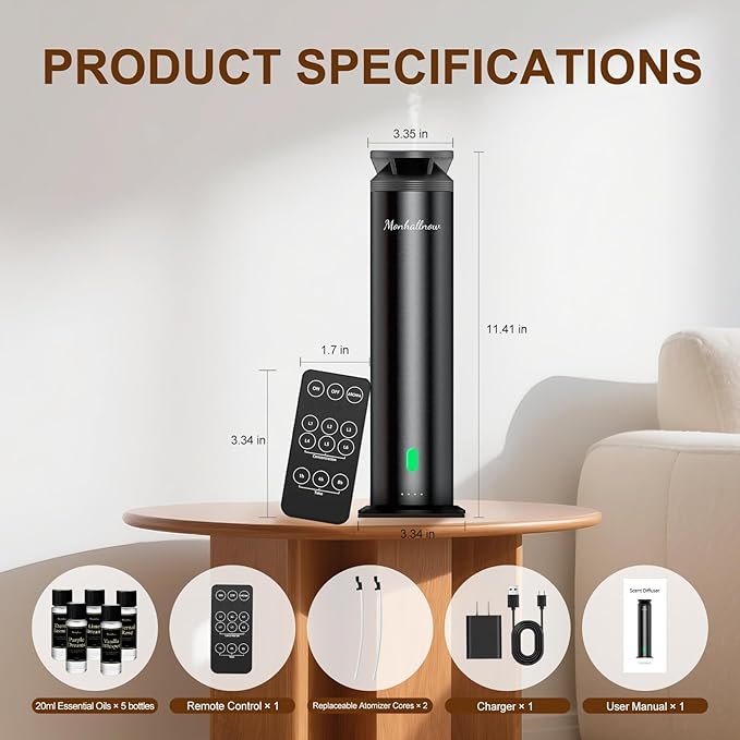 Waterless Scent Diffuser Starter Kit - 1000 Sq Ft Coverage, Essential Oil Diffuser for Home, Hotel & Office, Included 5 Scent Oils, Remote Control, Aromatherapy Diffuser, Ultra Black - Bloomnest