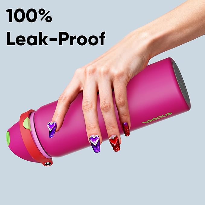 Insulated Water Bottle with Straw - Encool Stainless Steel Water Bottle with Push Button Lid, Leak-Proof & BPA-Free, Keeps Cold for 24 Hours for Sports, Travel, Gym (32 oz, Cerise Pink) ENCOOL