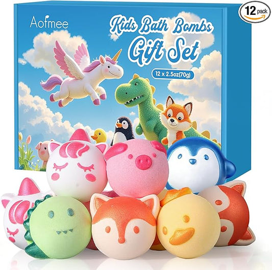 Aofmee Bath Bombs for Kids, 12 Pcs Kids Bath Bombs with Essential Oil, 6 Animal Shapes and Fruity Aroma, Natural Organic Spa Gift Set for Boys Girls, Birthday Christmas Halloween - Bloomnest