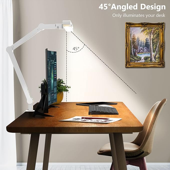 Micomlan Led Desk Lamp for Home Office, White Architect Desk Lamp with Clamp for Crafting, 24W Bright Rotatable Led Table Light Stepless Dimming Tempering Wide Computer Light with Atmosphere Lighting - Bloomnest