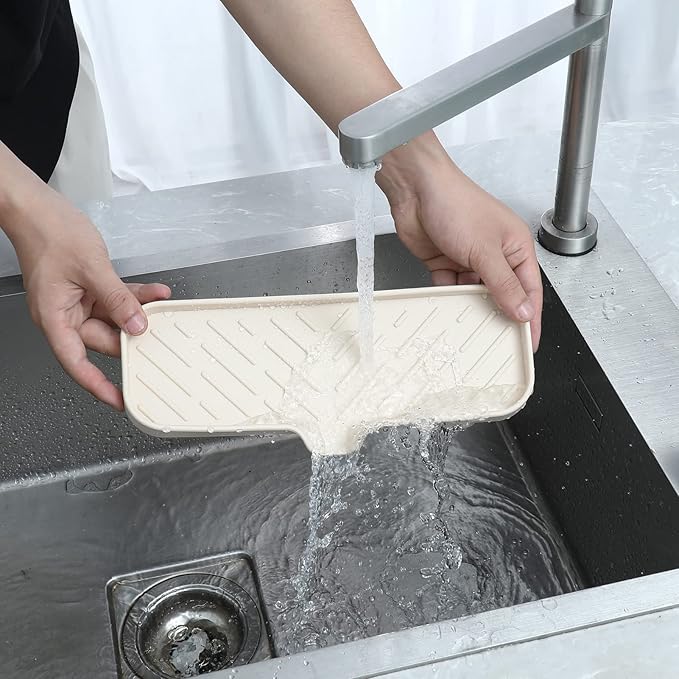 Silicone Bathroom Soap Dishes with Drain Spout-Bathroom and Kitchen Sink Organizer,Sponge Holder,Dish Soap Tray,Perfect for Dispenser,Scrubber,Bottle,Cup on Sink or Counter-Tapioca 12"×4" - Bloomnest