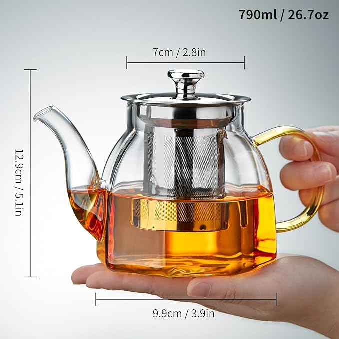 Glass Tea Pot with Stainless Steel Infuser and Lid (Octagonal), Clear Glass Teapot, Borosilicate Hydrochloric Glass Heat Resistant, Fine Glass Filter for Flower Tea, Tea Bags (27 oz / 800 ml) - Bloomnest