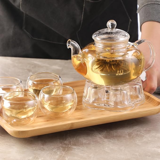 Glass Teapot Set, 34OZ/1000ML Glass Tea Kettle with Loose Tea Infuser & Warmer, 5OZ/150ML Double-Wall Tea Cup Set of 4, Stovetop & Microwave Safe Tea Maker, Blooming Tea Gift Set For Women - Bloomnest