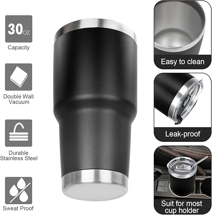 30 oz Tumbler with Lids and Straws Double Wall Vacuum Insulated Tumbler Cup,Stainless Steel Leak-proof Thermal Tumbler Powder Coated Travel Coffee Mug for Cold and Hot Drinks,Black - Bloomnest