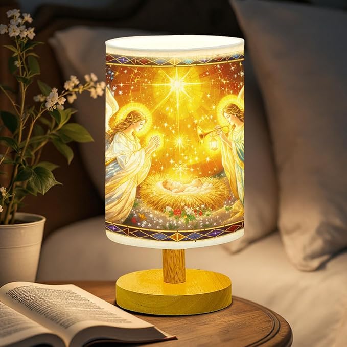 Christmas Angels Table Lamp LED 3-Color Pressed Bedside for Merry Christmas, Christmas Angels Shade Christmas Table Lamp with Wood Base for Bedroom Living Room Desk Office - Bloomnest
