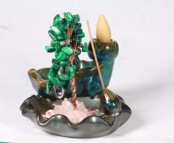 Malachite Waterfall Incense Burner, Money Tree Backflow Incense Holder Healing Crystal Stone, with 30 Backflow Incense Cones + 30 Incense Stick for Yoga Meditation Home Zen Decoration - Bloomnest