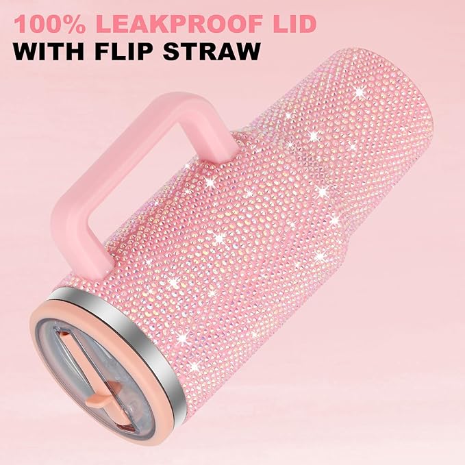 40 oz Tumbler with Handle and Flip Straw Lid, Insulated Leak Proof Double Walled Stainless Steel Rhinestone Diamond Studded Bling Travel Mug Tumblers, Maintains Cold Ice and Heat for Hours - Bloomnest