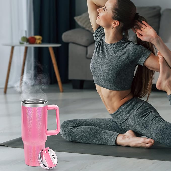 40 oz Tumbler with Handle and Flip Straw Lid, Vacuum Insulated Leak Proof Double Walled Stainless Steel Glitter Travel Mug Tumblers, Maintains Cold Ice and Heat for Hours(Pink) - Bloomnest