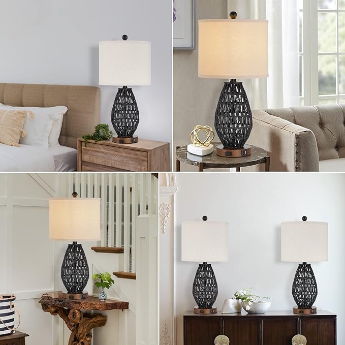 Touch Control Rattan Table Lamps, 3 Way Dimmable Bedside Lamps for Bedroom Set of 2 with 2 USB Ports and AC Outlet, Black Wicker Nightstand Lamps for Living Room (LED Bulbs Included) - Bloomnest