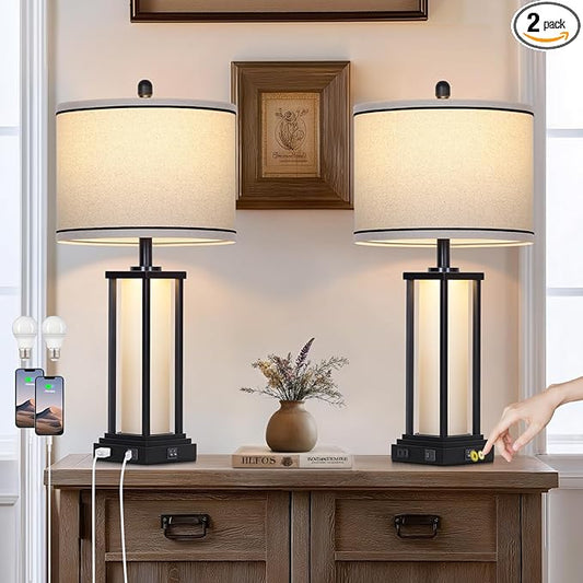 27in Tall Farmhouse Table Lamp Set of 2 with USB C+A & Outlet,Black Industrial End Table Lamp for Living Room,Vintage Rustic Bedside Lamps with Night Light for Bedroom Nightstand,Black - Bloomnest