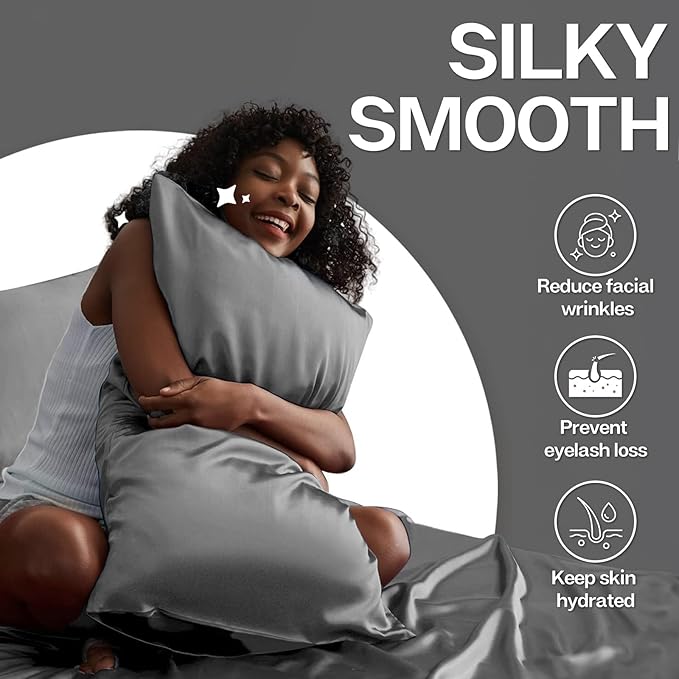 MR&HM Satin Pillowcase for Hair and Skin, Silk Satin Pillowcase 2 Pack, Standard Size Pillow Cases Set of 2, Silky Pillow Cover with Envelope Closure (20x26, Dark Grey) - Bloomnest