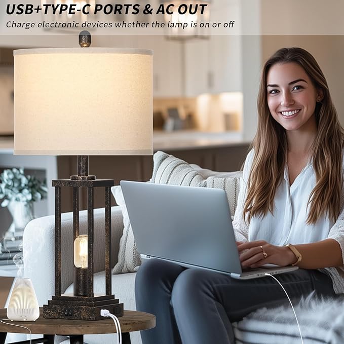 27" Tall Farmhouse Table Lamps with Night Light, Bronze Industrial End Table Lamp for Living Room, Rustic Bedside Lamps Set of 2 with USB C+A Ports & AC Outlet, Vintage Bedroom Lamp for Nightstand - Bloomnest