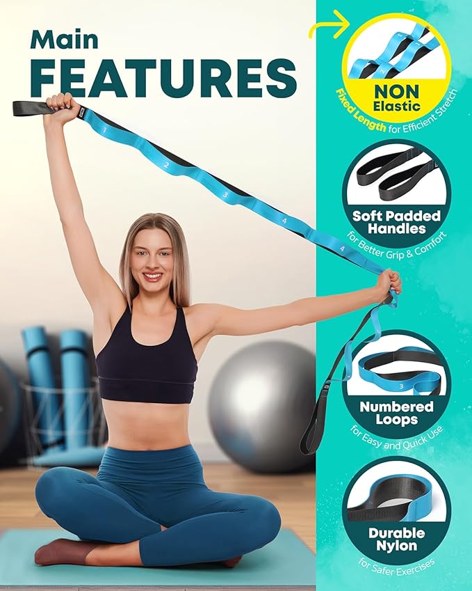 Stretching Strap with Loops - Non Elastic Stretch Band for Physical Therapy, Yoga Strap for Stretching Equipment, Stretch Bands for Exercise and Flexibility - Fascia, Hamstring & Leg Stretcher Belt - Bloomnest
