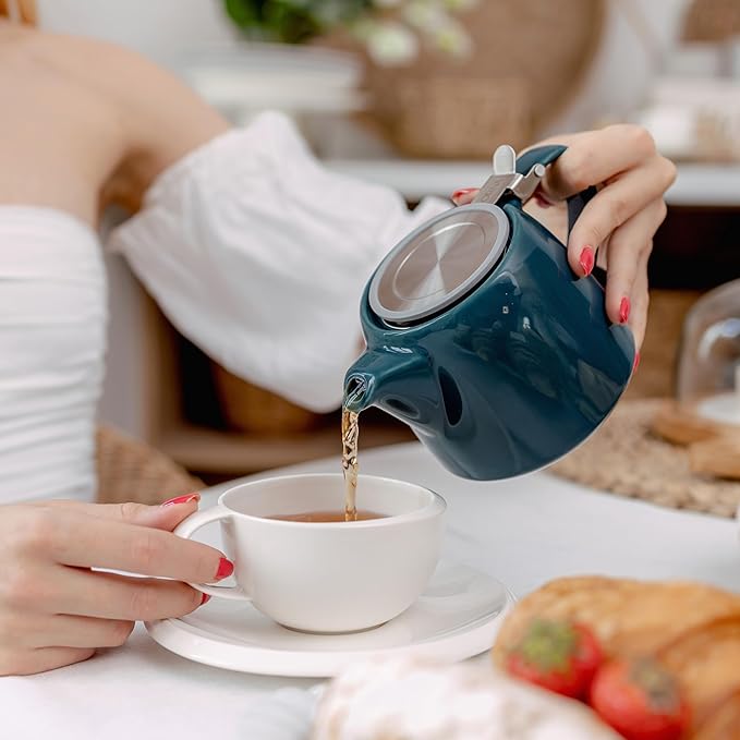 ORNA Ceramic Teapot with Tea Infuser – Small Tea Pot for Loose Leaf Tea – 550ml / 18.6 Oz Porcelain Non-Stove Teapot for 2 Cups with Tea Strainer (Ocean) - Bloomnest