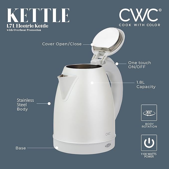 COOK WITH COLOR Electric Kettle - Rapid Boil, Sleek Design, and Safety Features - Great for Quick and Easy, Stainless Steel Crème, 1.7 Liters - Bloomnest