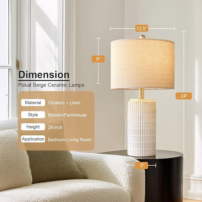 PoKat 24" Modern Ceramic Table Lamps Set of 2 for Bedroom, White Bedside Lamps for Night Stands, Farmhouse Desk Decor Nightstand Table Lamps for Living Room End Table Beige - Bloomnest