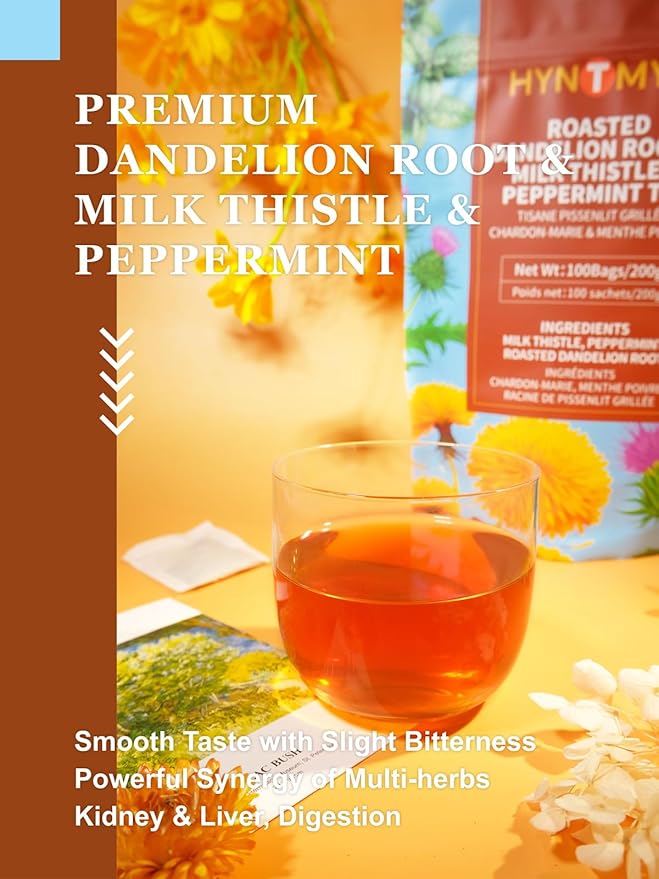 HYNTMYT Roasted Dandelion Root with Milk Thistle & Peppermint Tea Bags, Wellness, Refreshing Mint Flavor Dandelion tea, 100 Count - Bloomnest