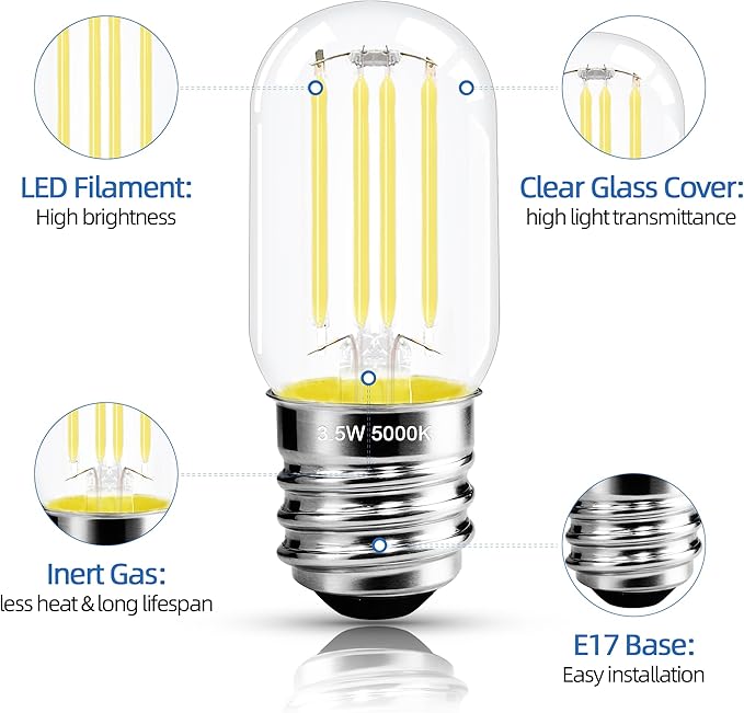 2.5 Inch E17 Intermediate Base LED Filament Bulb 360 Lumens, 5000K Daylight White Dimmable Appliance Bulb AC 120V, UL Listed T8 Microwave Light Bulbs Under Hood for Refrigerator Stove 4Pack - Bloomnest