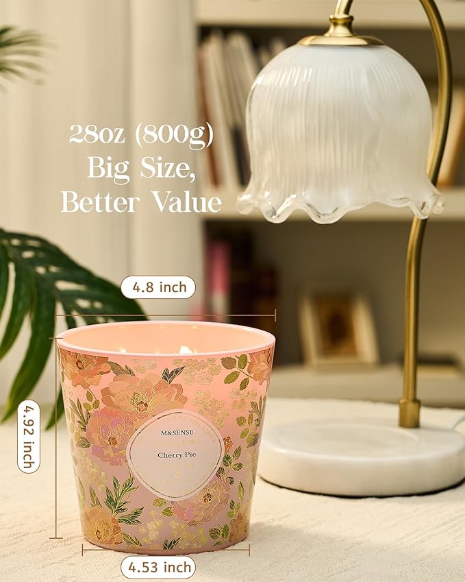 M&SENSE Cherry Pie Scented Candle, 28.2oz 3 Wick Natural Soy Wax Large Candles, Long Lasting Clean Slow Burning No Toxic Décor for Home Relaxation, Romantic Dates & Gift-Giving - Bloomnest