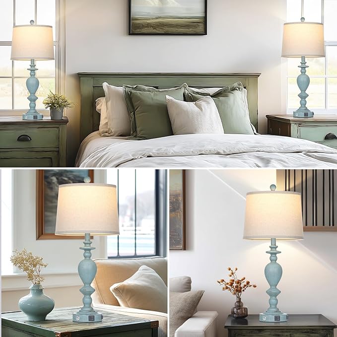 27.5" Coastal Table Lamp for Living Room Set of 2,Retro Blue Bedside Nightstand Lamps with USB C+A Ports & AC Outlet,3-Way Dimmable Touch Control Desk Lamp for Bedroom - Bloomnest