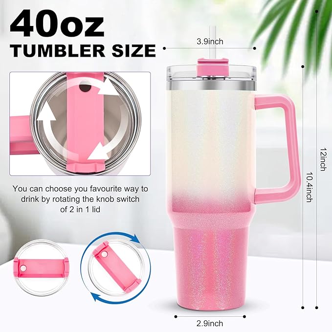 40 oz Tumbler with Handle and Flip Straw Lid, Vacuum Insulated Leak Proof Double Walled Stainless Steel Glitter Travel Mug Tumblers, Maintains Cold Ice and Heat for Hours(White Pink Gradient) - Bloomnest