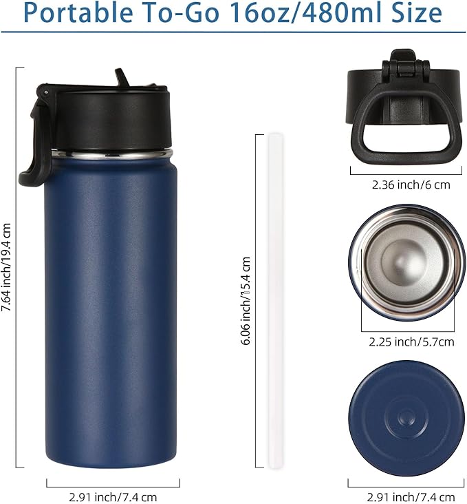Volhoply 16 OZ Kids Water Bottle Bulk 8 Pack,Insulated Sports Bottles with Straw Lid,Stainless Steel Bottle with Handle Keep Cold & Hot,Double Wall Vacuum Tumbler Cups for School,Girls(Navy, 8) - Bloomnest