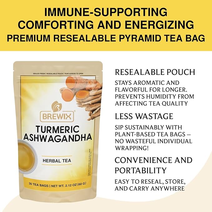 BREWIX, Turmeric Tea with Ashwagandha Root and Black Pepper (30 Plant Based Tea Bags) Caffeine-Free for Relaxation & Daily Stress Support | Herbal Tea For Health & Wellbeing | Supports Restful Sleep - Bloomnest