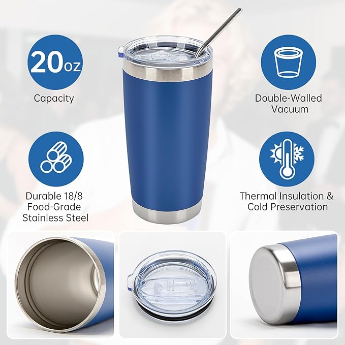 IEOVIEE 32 Pack, 20oz Stainless Steel Bulk Tumblers with Lids and Straws, Double Wall Insulated Travel Mug, Durable Powder Coated Tumbler Bulk Cup for Cold and Hot Drinks(Dark Blue) - Bloomnest