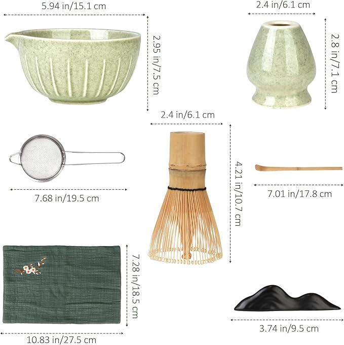 Matcha Bowl and Tea Whisk Set, 7-Piece Collection: 19-ounce ceramic bowl, whisk stand, bamboo scoop with scoop holder, tea strainer, and tea towel. Complete matcha ceremony set. - Bloomnest