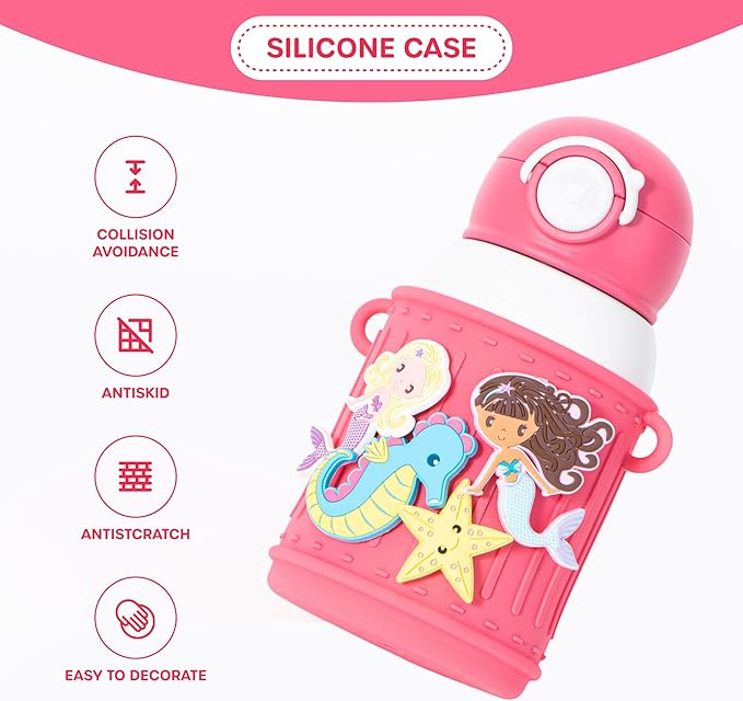 Kids Insulated Tumbler Set – 16oz Stainless Steel Water Bottle with Straw & Pour Lids, Screw-On Cup, Adjustable Strap, Silicone Sleeve & Charms – Leakproof BPA-Free Bottle for Boys & Girls - Bloomnest