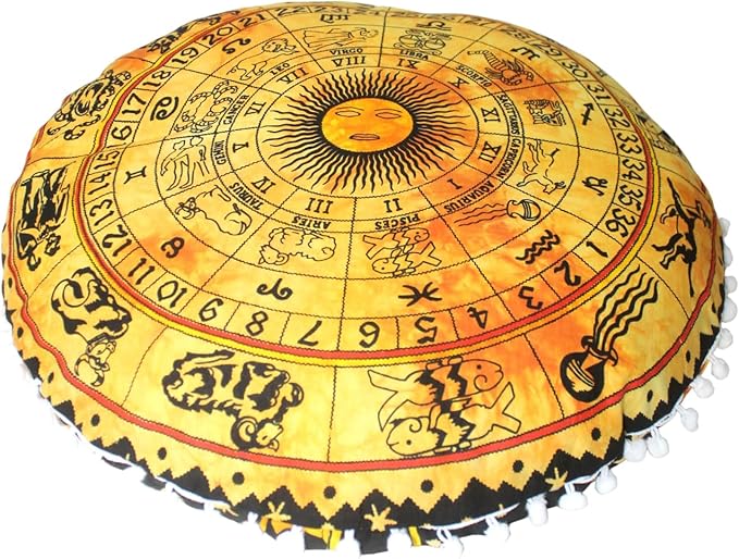 CRAFT KALA Boho Large Floor Pillow Pouf Cover Mandala Meditation Room Pillow Cover for Adults Round Bohemian Seating Pouf Cushion Cover for Kids Playroom 22" Yellow Zodiac - Bloomnest