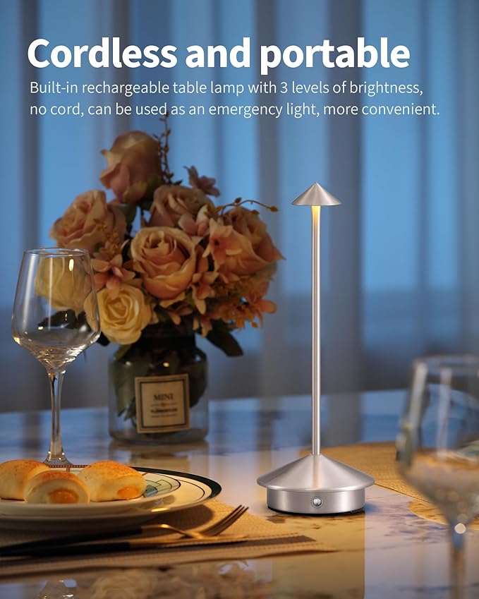 Modern Cordless Table Lamp Set of 2, Portable LED Desk Lamps, 5000mAh Rechargeable Battery Operated Lighting for Bedroom Dining Room Restaurant Coffee Shop Camping Night Light (Brushed Nickel) - Bloomnest