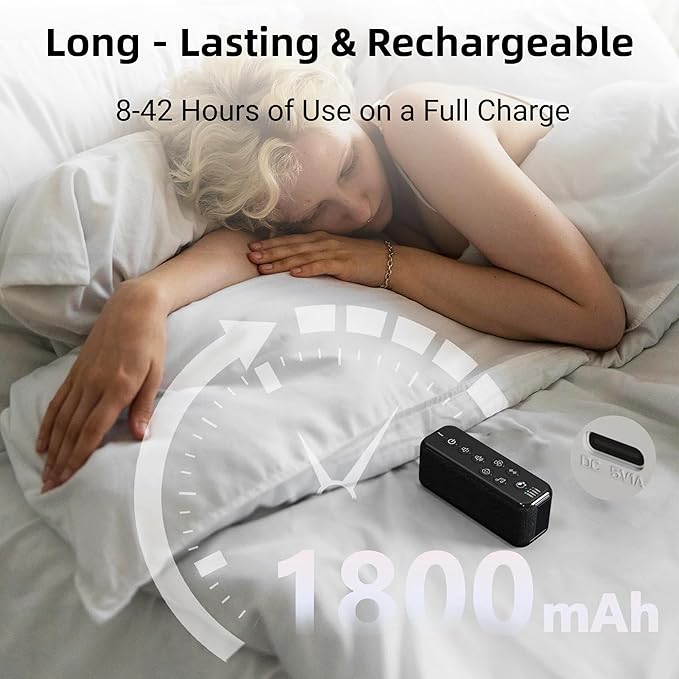 Raynic White Noise Machine, 42 Soothing Sounds Noise Machine, Rechargeable Battery Sound Machine with 8 Volumes, 5 Timers, Type-C Port, Headphone Jack for Baby, Adult, Home, Travel, Office - Bloomnest