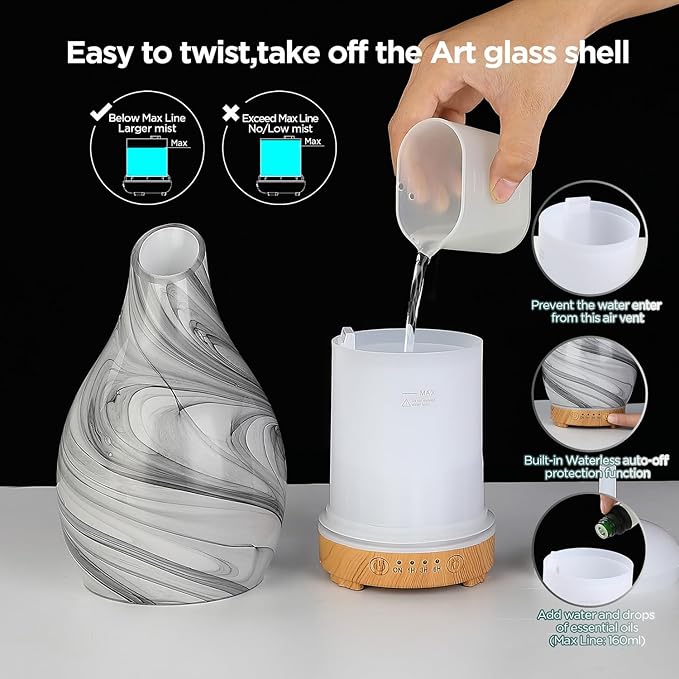 Essential Oil Diffuser, Art Glass Ultrasonic Aromatherapy Diffuser for Home 160ml with Intermittent Mist & LED 7 Colorful Changing Night Light for Bedroom-Ink Dyeing Time - Bloomnest
