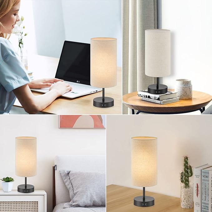 Touch Control Bedside Lamp with 2 USB Ports, 3-Way Dimmable Table lamp for Bedroom, Nightstand Lamp with Round Linen Fabric Shade for Living Room Home Office (E26 LED Bulb Included) - Bloomnest