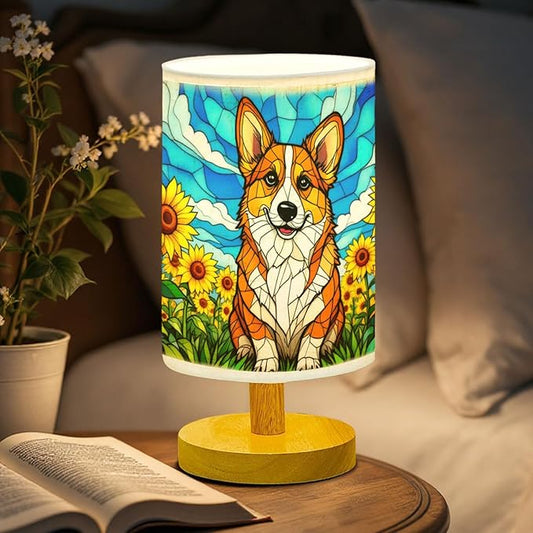 Pembroke Welsh Corgi Table Lamp LED 3-Color Pressed Bedside, Dog Shade Lamp with Wood Base for Bedroom Living Room Desk Office - Bloomnest