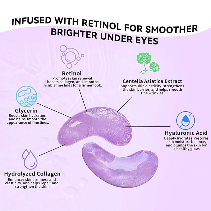 Retinol Under Eye Patches (24 Pairs), Purple Eye Masks for Dark Circles, Puffy Eyes & Wrinkles, Firming Collagen Eye Patches, Vegan Cruelty-Free Skincare Gifts for Her - Bloomnest