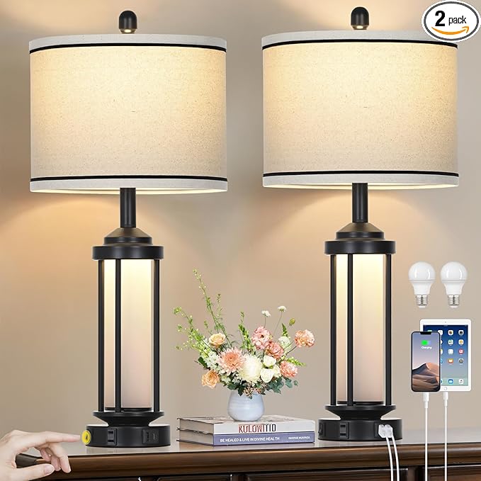 Table Lamps for Living Room Set of 2, Black Farmhouse Rustic Industrial Table Lamp with USB A+C Charging Ports & AC Outlet, 27" Modern Table Lamps with LED Night Light & Linen Fabric Lampshade - Bloomnest