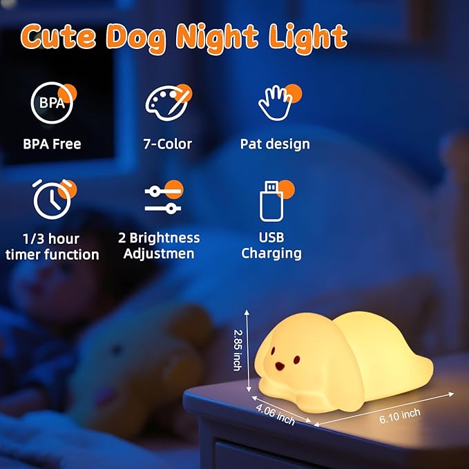 Tremdwoto Dog Night Light for Kids,Cute 7 Colorful Night Light Baby Girl Squishy Night Lights Lamp 1/3 Hour Timer Puppy Light Dimmable Nursery Nightlight，Kawaii Bedroom Decor,Gift for Boys and Girls - Bloomnest