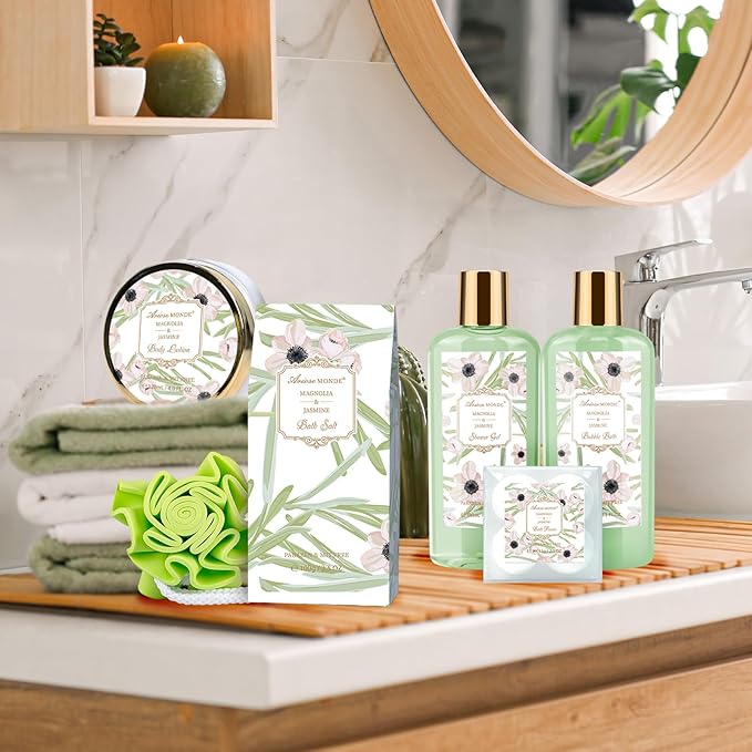 Spa Gifts for Women, Bath Sets, 7Pcs Spa Gift Set w/Shower Gel, Bubble Bath, Bath Salts, Bath Bomb, Body Lotion, Christmas Gifts for Women, Magnolia & Jasmine Bath Set - Bloomnest
